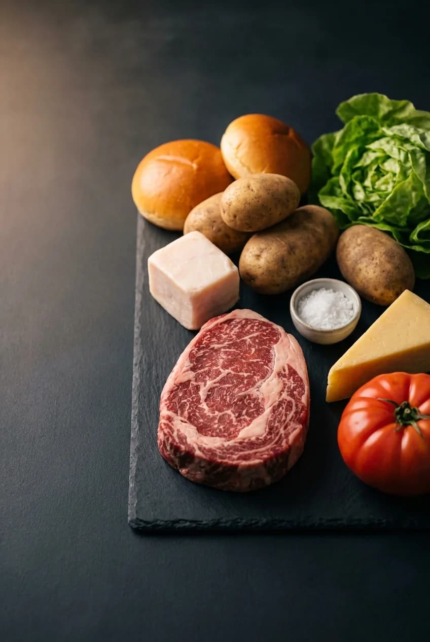 Raw ingredients — marbled Aussie beef, milk buns, Russet potatoes, tallow, heirloom tomato